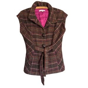 cabi Womens Small Plaid Sleeveless Vest Jacket Blazer Buttons Belted Office Wool